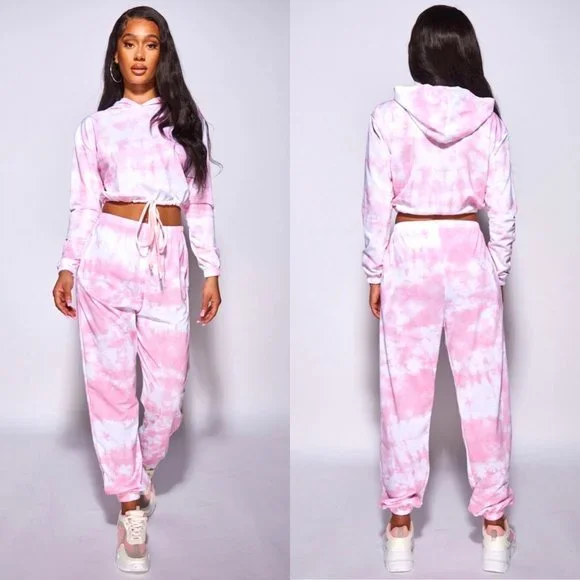 Pink Tie Dye Long Sleeve Hooded Crop Top and Joggers Jogger Pants Two Piece  Set